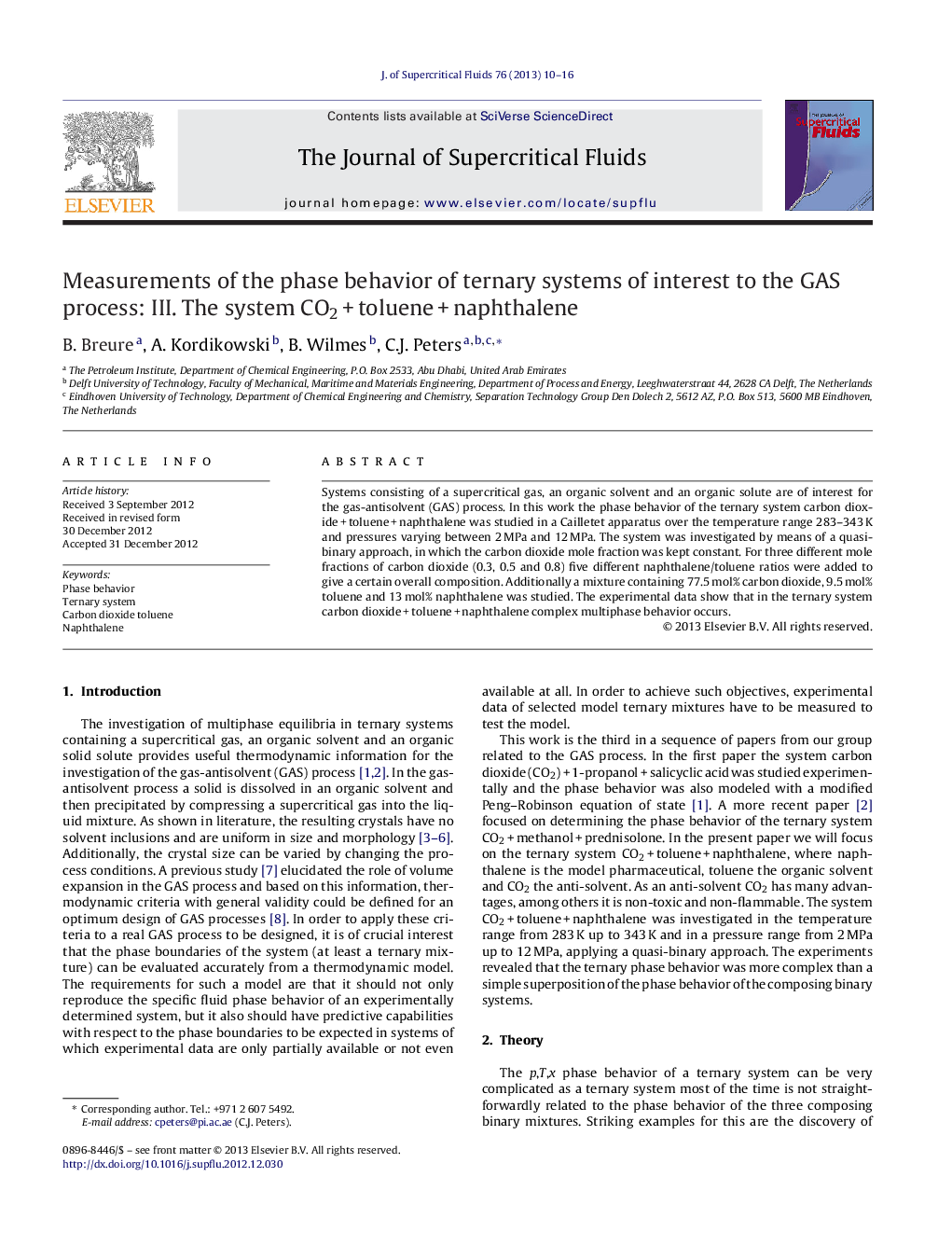 Measurements of the phase behavior of ternary systems of interest to the GAS process: III. The system CO2 + toluene + naphthalene