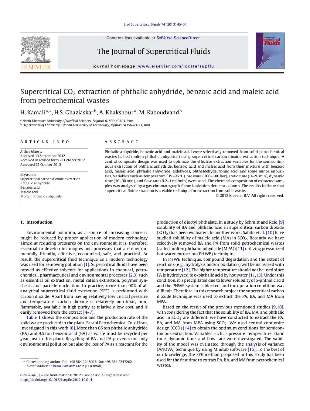 عکس صفحه اول مقاله: Supercritical CO2 extraction of phthalic anhydride, benzoic acid and maleic acid from petrochemical wastes Supercritical CO2 extraction of phthalic anhydride, benzoic acid and maleic acid from petrochemical wastes