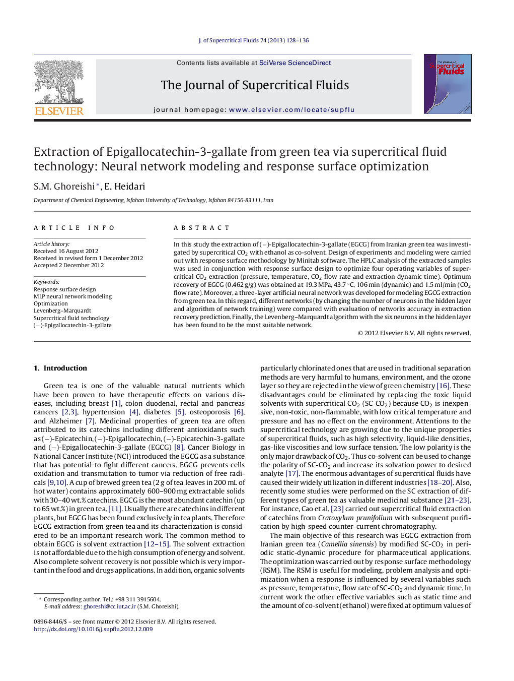 Extraction of Epigallocatechin-3-gallate from green tea via supercritical fluid technology: Neural network modeling and response surface optimization