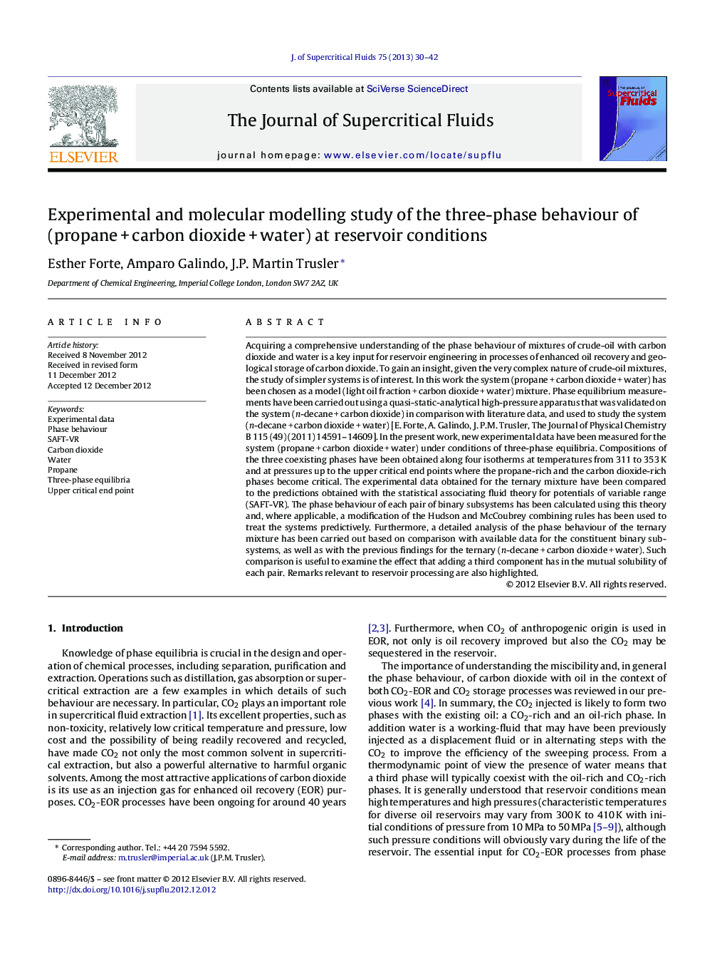 Experimental and molecular modelling study of the three-phase behaviour of (propane + carbon dioxide + water) at reservoir conditions