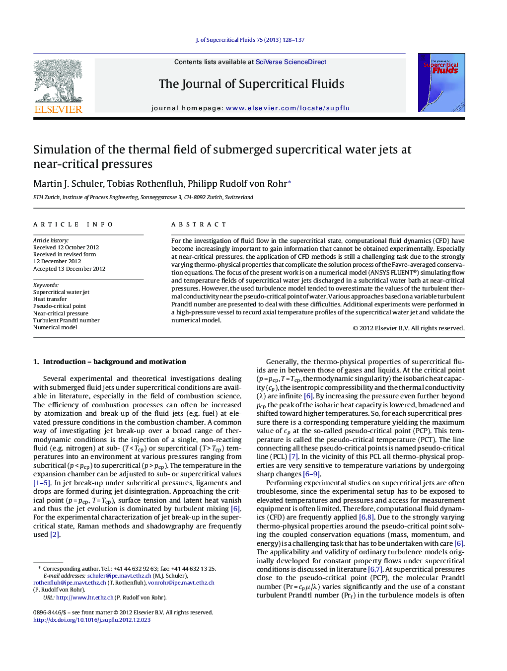 Simulation of the thermal field of submerged supercritical water jets at near-critical pressures