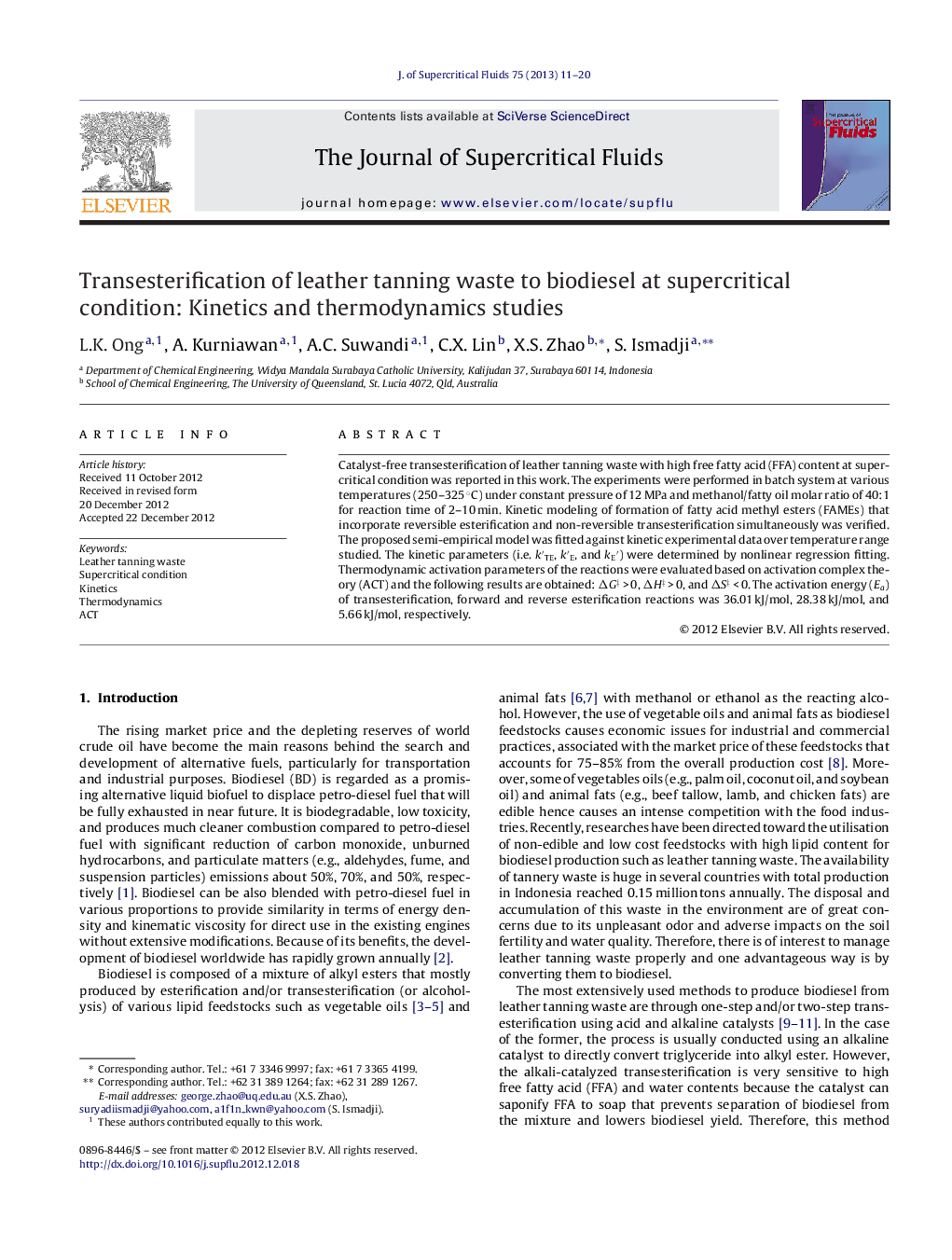 Transesterification of leather tanning waste to biodiesel at supercritical condition: Kinetics and thermodynamics studies