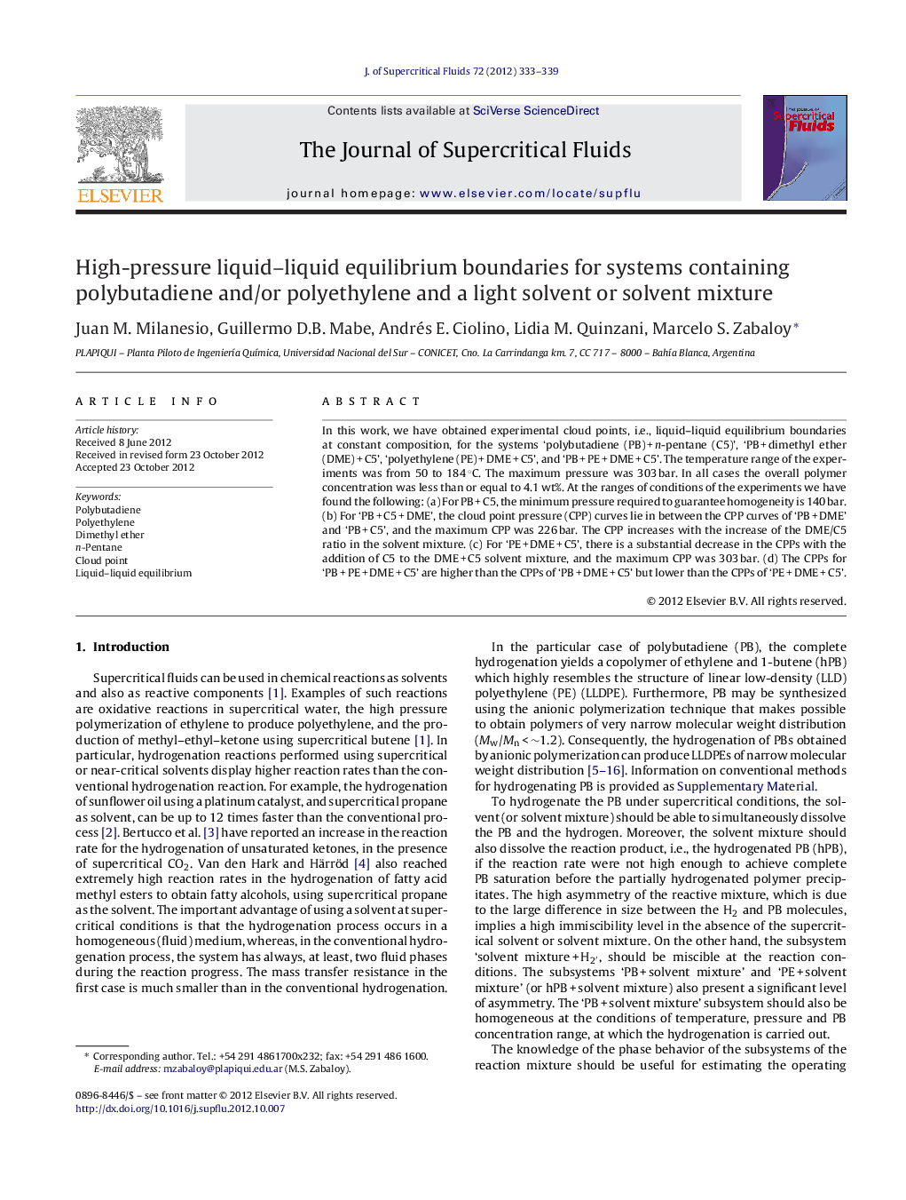 High-pressure liquid–liquid equilibrium boundaries for systems containing polybutadiene and/or polyethylene and a light solvent or solvent mixture