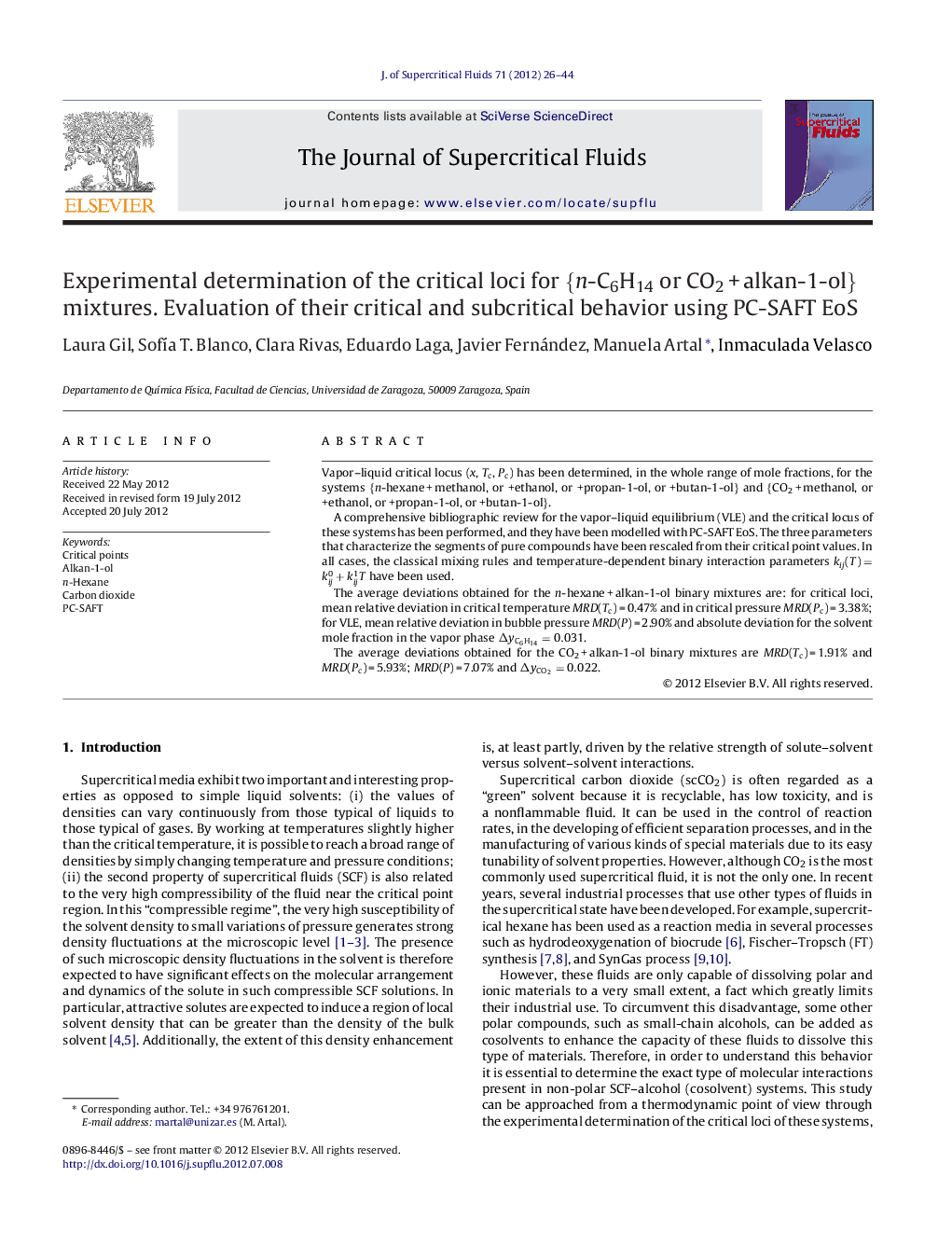 Experimental determination of the critical loci for {n-C6H14 or CO2 + alkan-1-ol} mixtures. Evaluation of their critical and subcritical behavior using PC-SAFT EoS