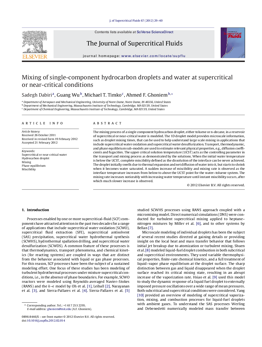 Mixing of single-component hydrocarbon droplets and water at supercritical or near-critical conditions