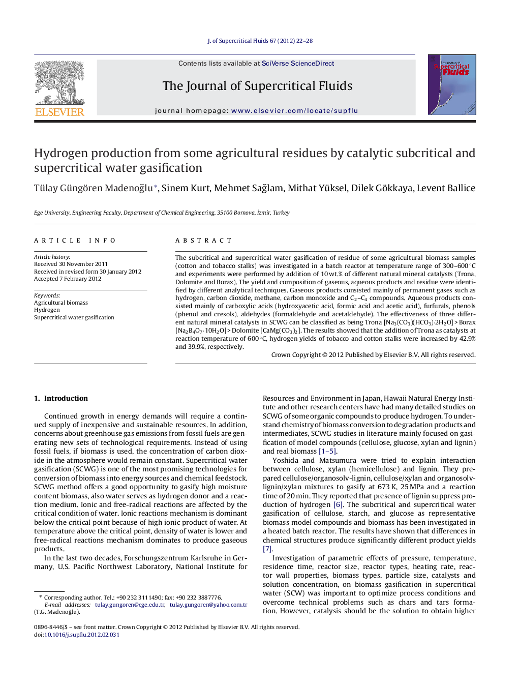 Hydrogen production from some agricultural residues by catalytic subcritical and supercritical water gasification