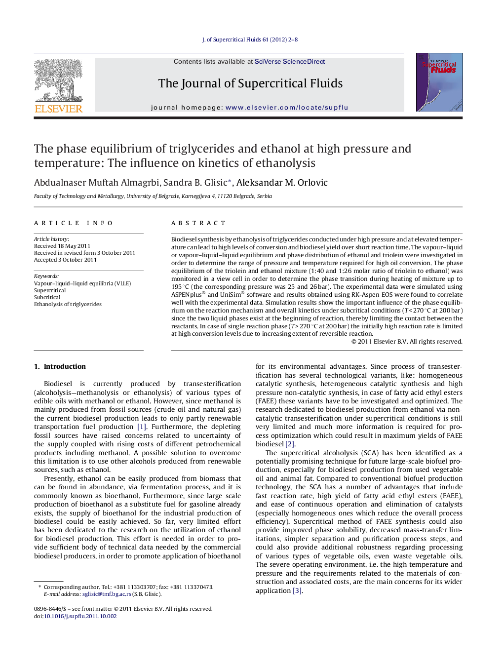 The phase equilibrium of triglycerides and ethanol at high pressure and temperature: The influence on kinetics of ethanolysis