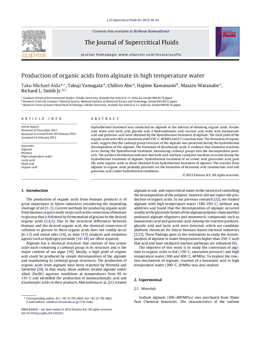 Production of organic acids from alginate in high temperature water