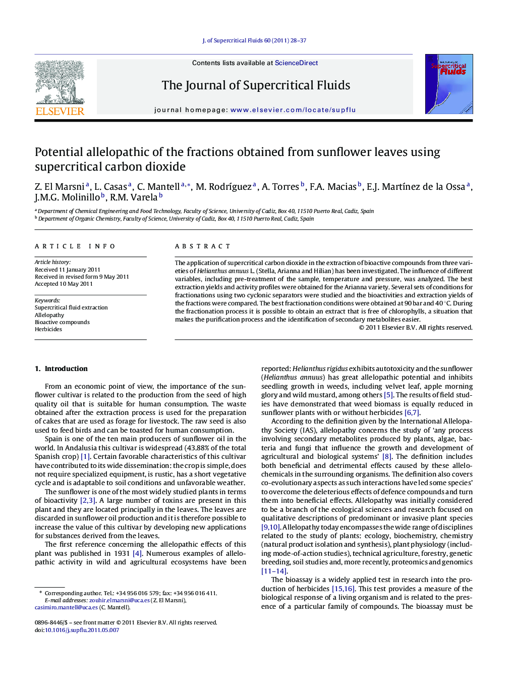 Potential allelopathic of the fractions obtained from sunflower leaves using supercritical carbon dioxide