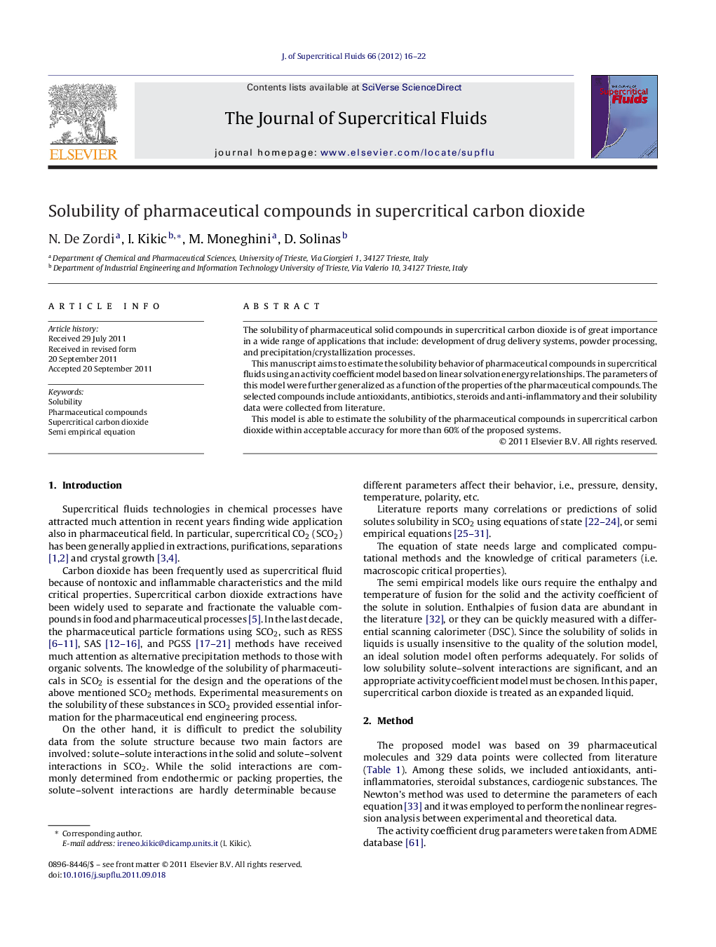 Solubility of pharmaceutical compounds in supercritical carbon dioxide