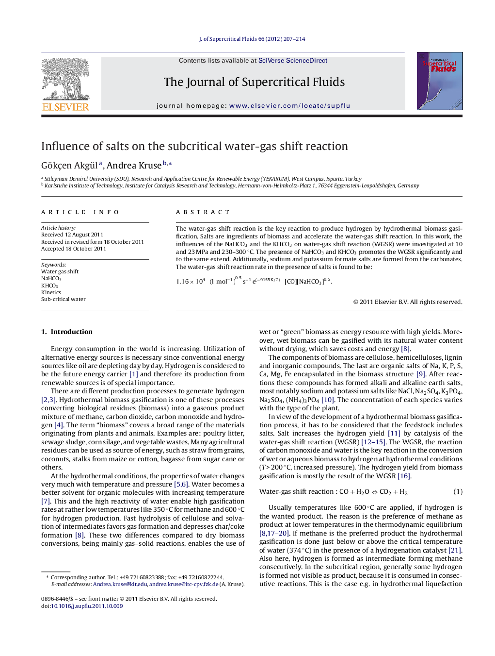 Influence of salts on the subcritical water-gas shift reaction