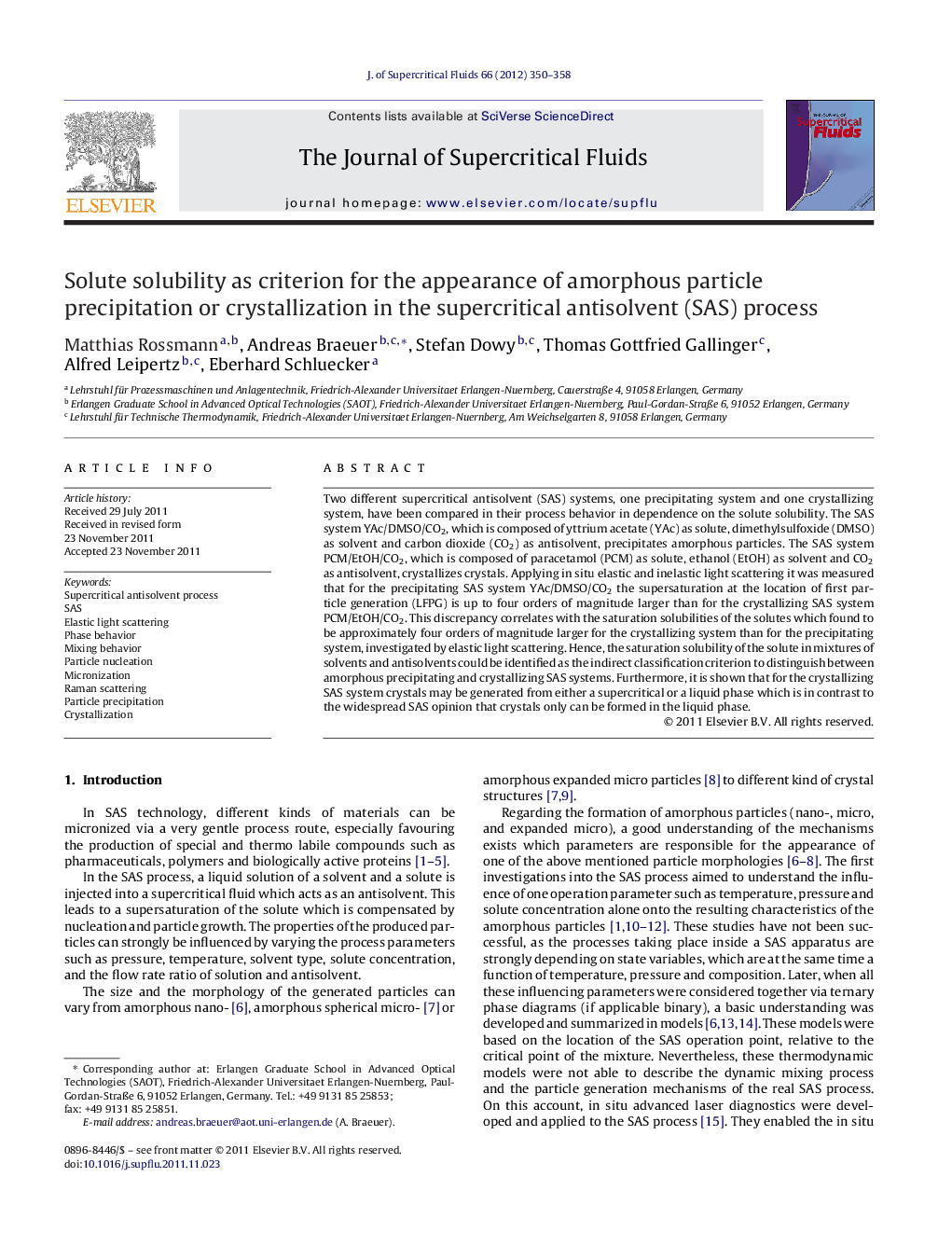 Solute solubility as criterion for the appearance of amorphous particle precipitation or crystallization in the supercritical antisolvent (SAS) process