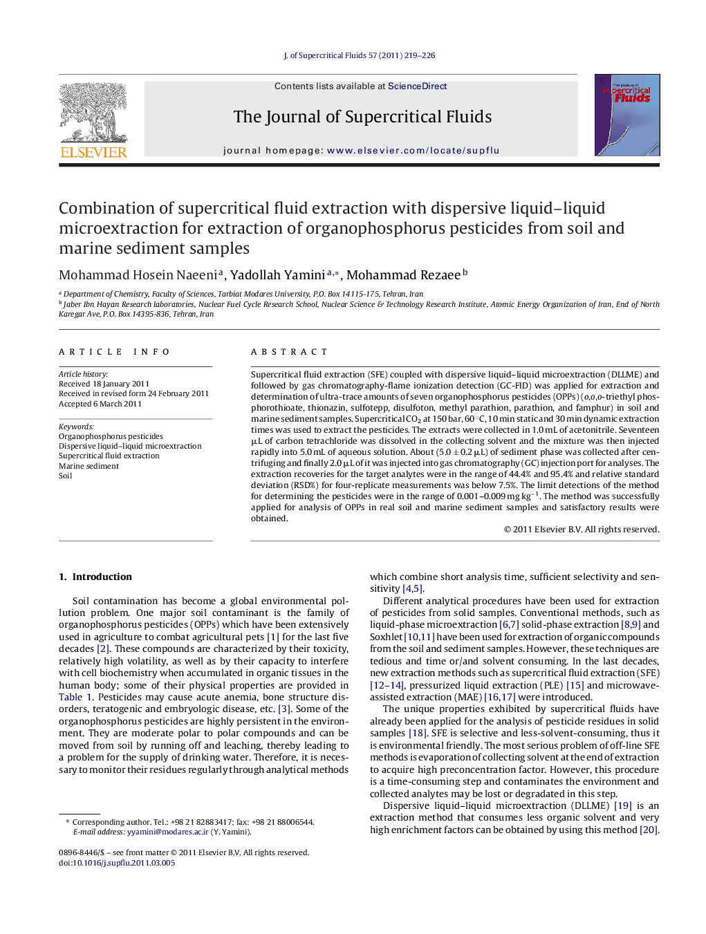 Combination of supercritical fluid extraction with dispersive liquid–liquid microextraction for extraction of organophosphorus pesticides from soil and marine sediment samples