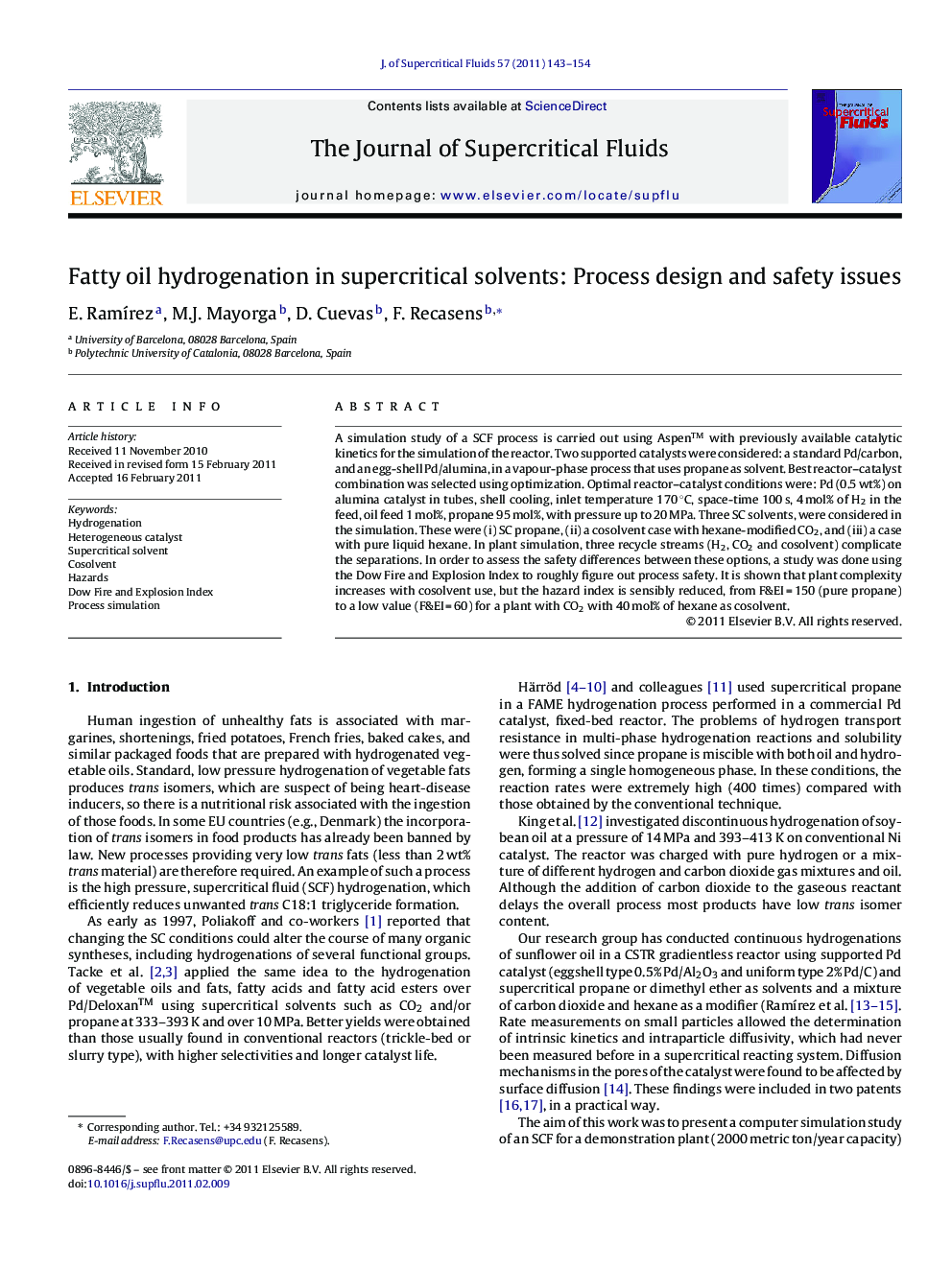 Fatty oil hydrogenation in supercritical solvents: Process design and safety issues