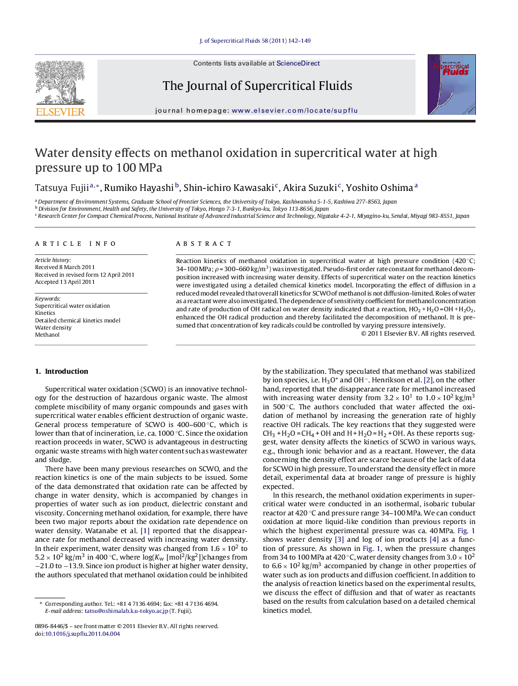 Water density effects on methanol oxidation in supercritical water at high pressure up to 100 MPa