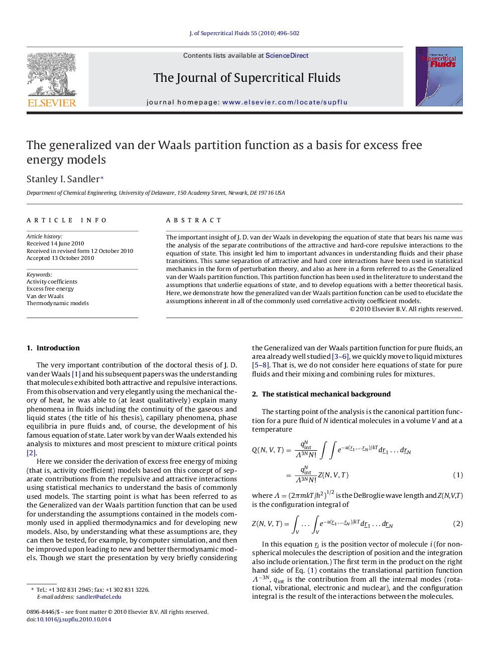 The generalized van der Waals partition function as a basis for excess free energy models