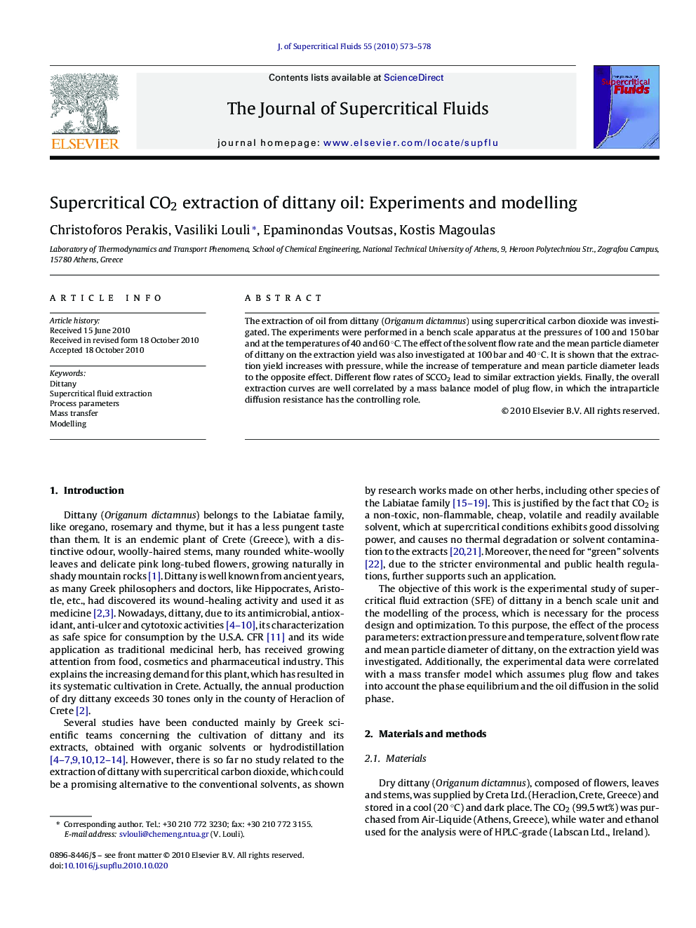 Supercritical CO2 extraction of dittany oil: Experiments and modelling