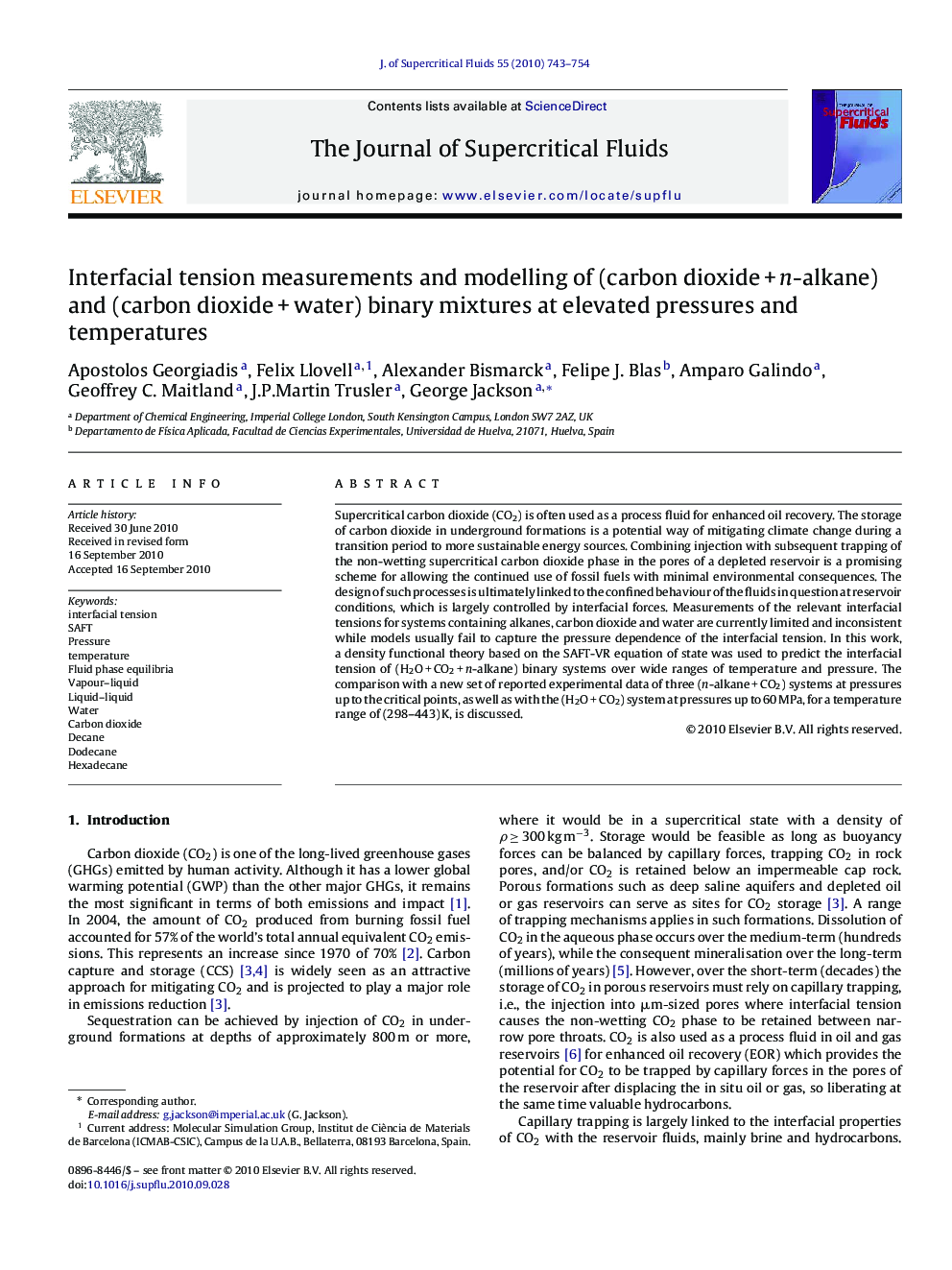 Interfacial tension measurements and modelling of (carbon dioxide + n-alkane) and (carbon dioxide + water) binary mixtures at elevated pressures and temperatures