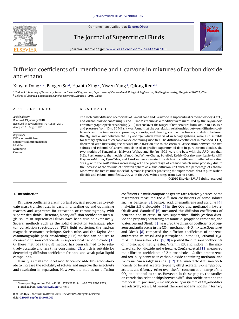 Diffusion coefficients of l-menthone and l-carvone in mixtures of carbon dioxide and ethanol