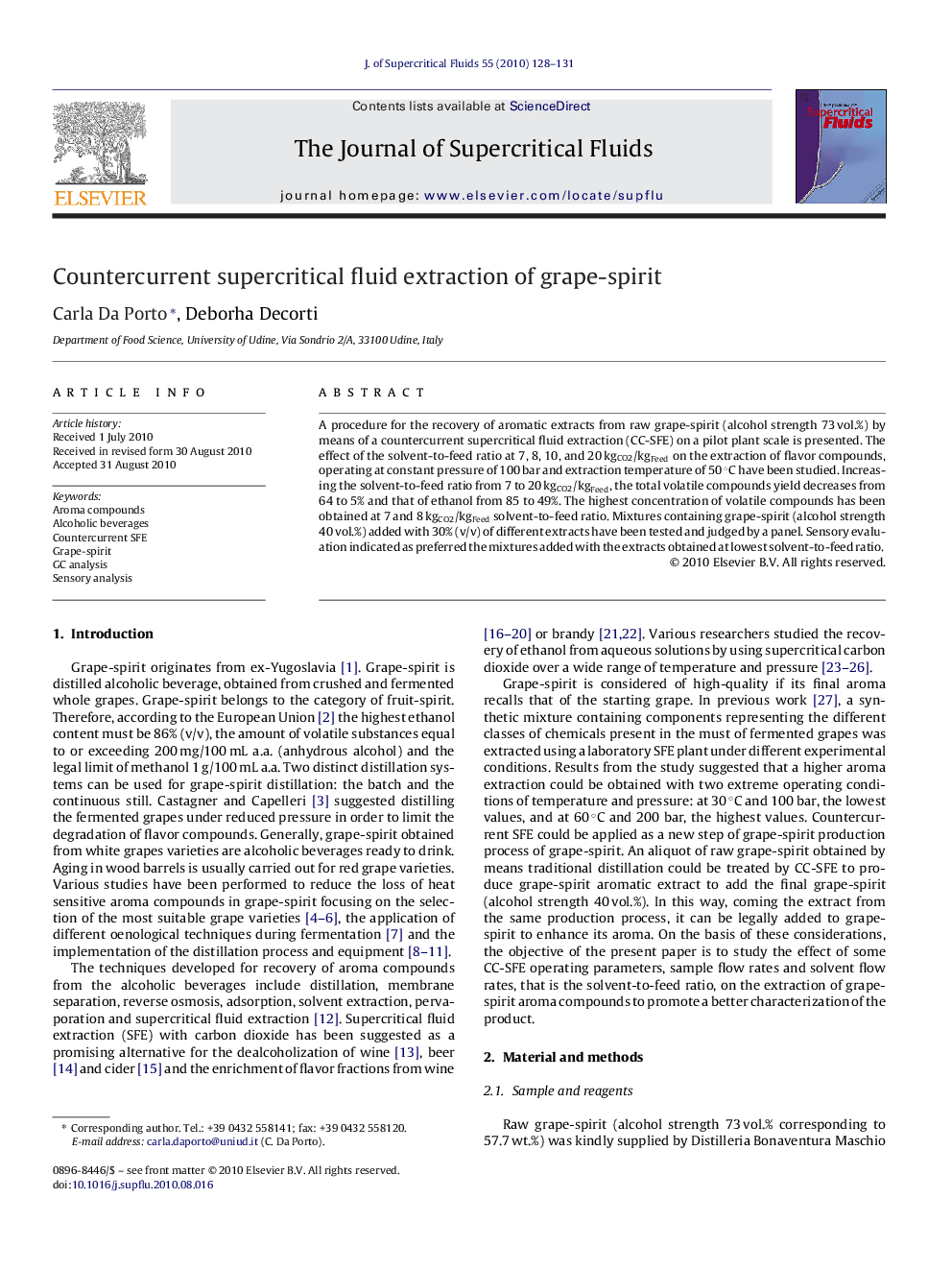 Countercurrent supercritical fluid extraction of grape-spirit