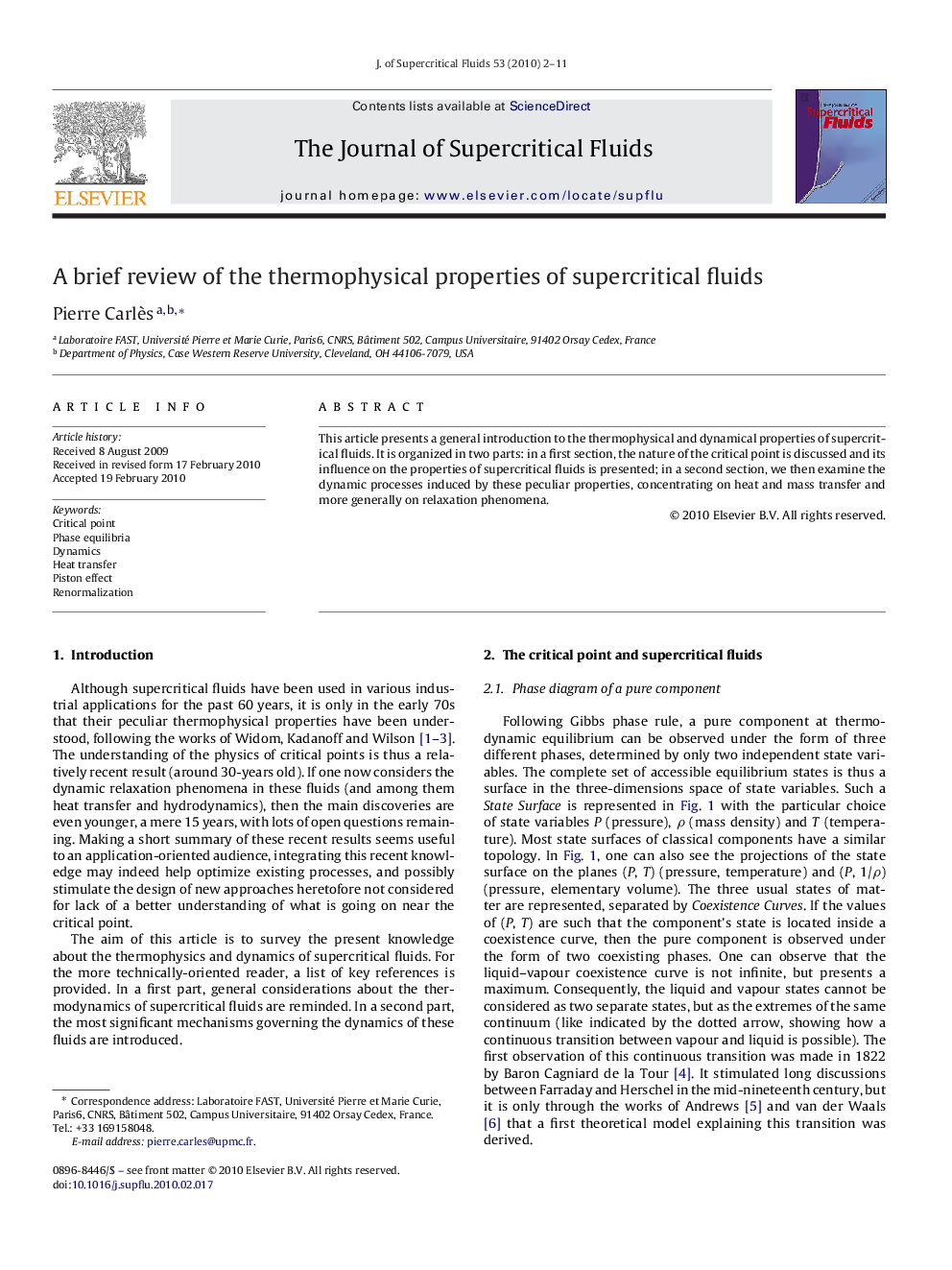 A brief review of the thermophysical properties of supercritical fluids