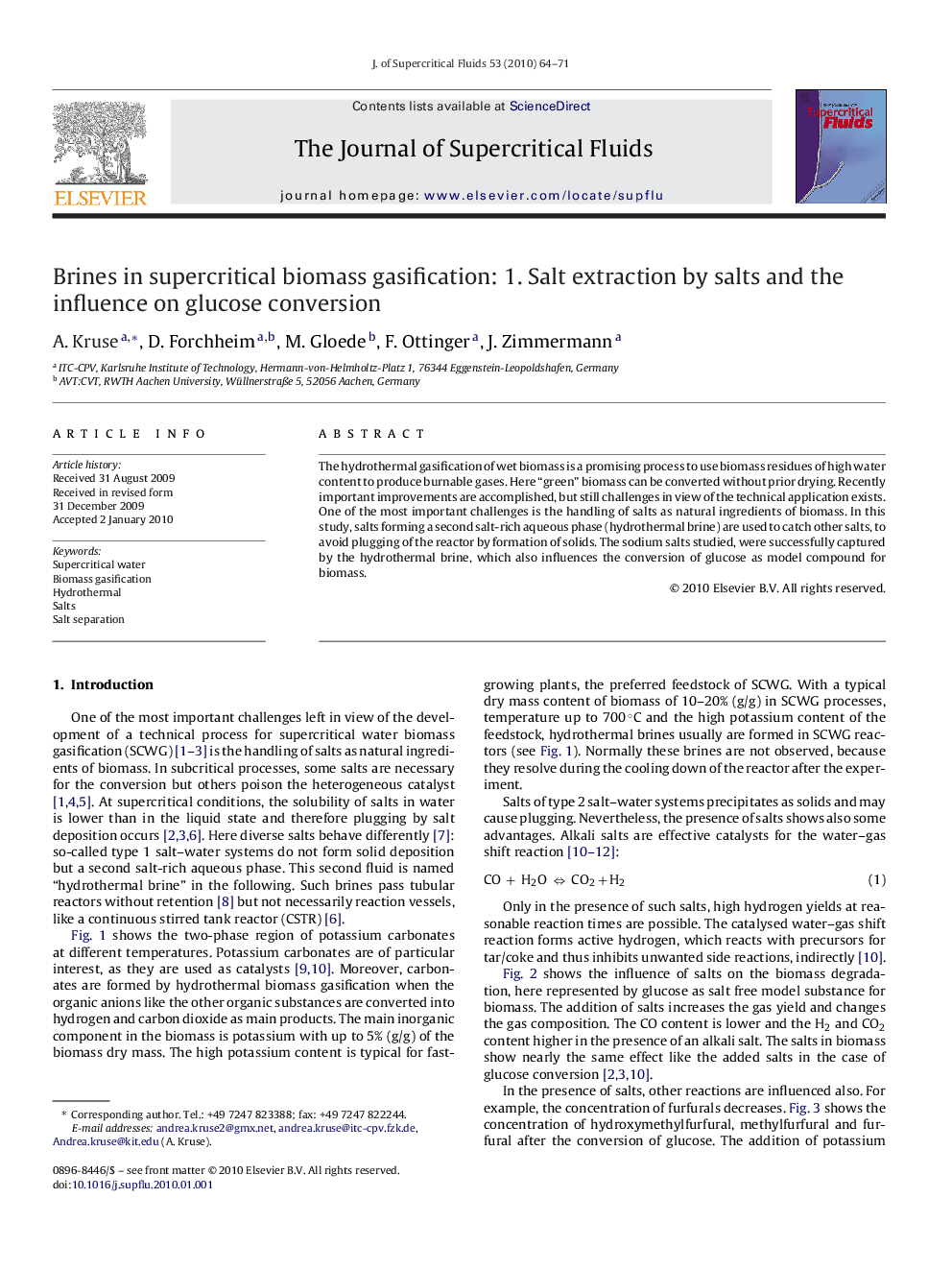 Brines in supercritical biomass gasification: 1. Salt extraction by salts and the influence on glucose conversion