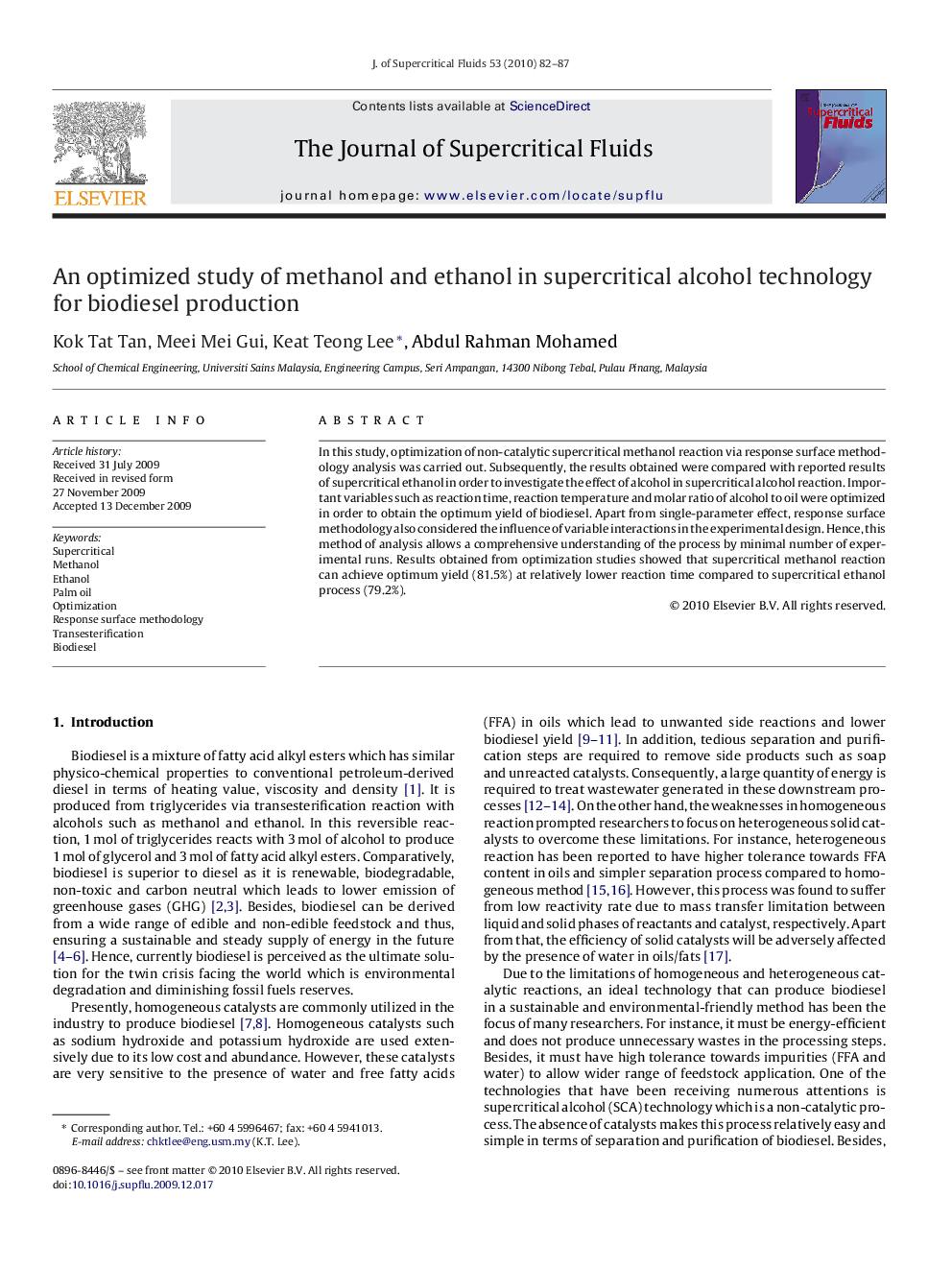 An optimized study of methanol and ethanol in supercritical alcohol technology for biodiesel production