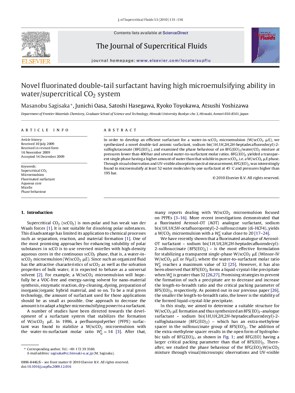 Novel fluorinated double-tail surfactant having high microemulsifying ability in water/supercritical CO2 system