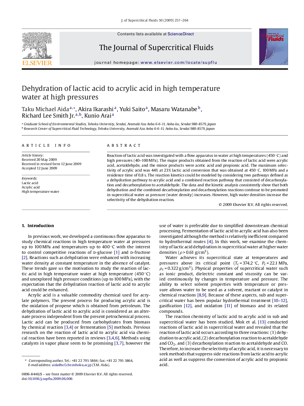 Dehydration of lactic acid to acrylic acid in high temperature water at high pressures