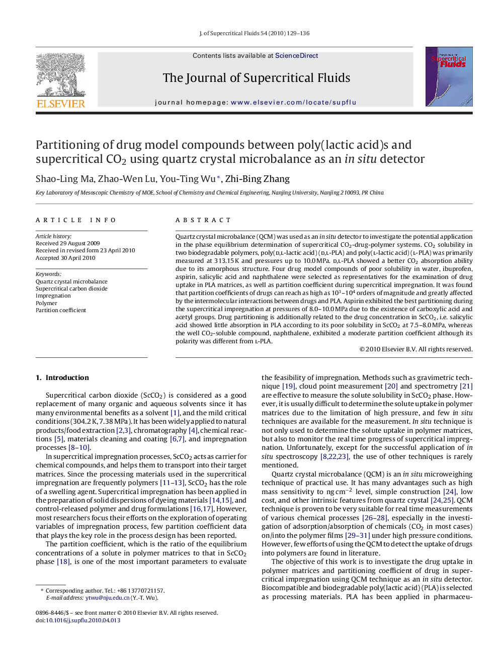 Partitioning of drug model compounds between poly(lactic acid)s and supercritical CO2 using quartz crystal microbalance as an in situ detector