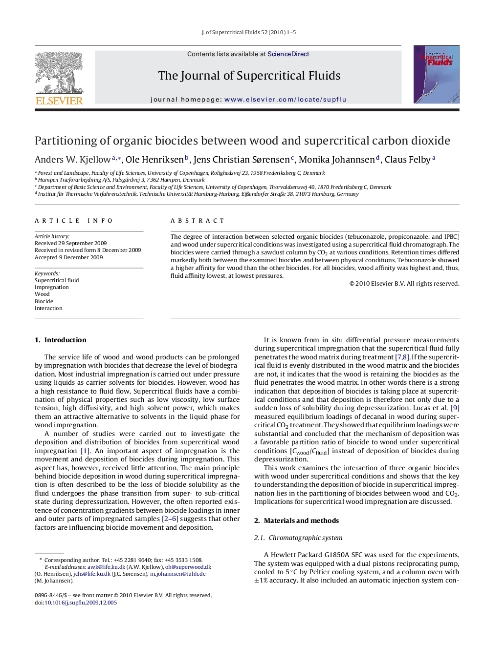 Partitioning of organic biocides between wood and supercritical carbon dioxide