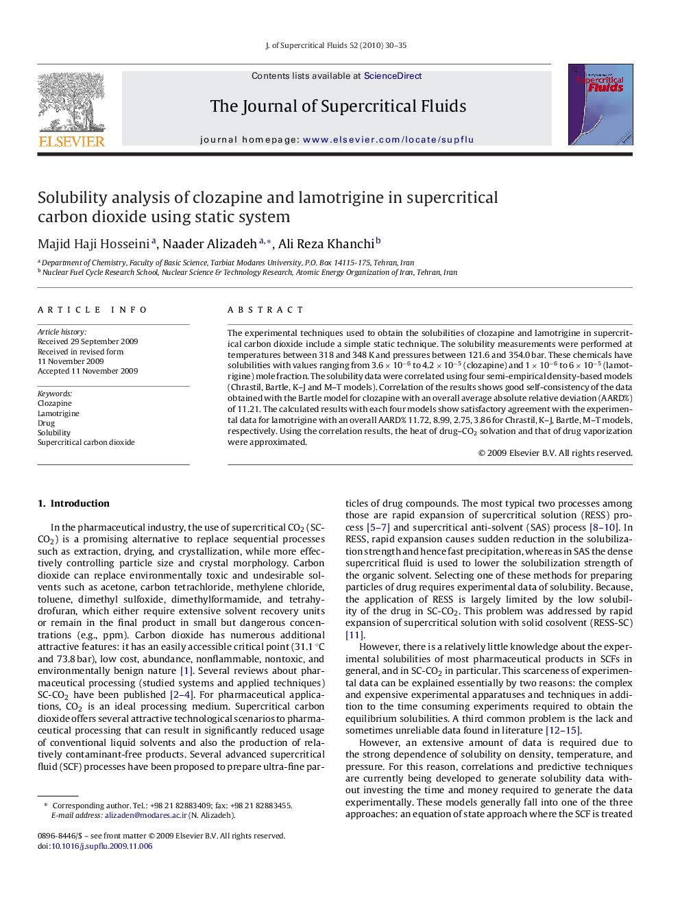 Solubility analysis of clozapine and lamotrigine in supercritical carbon dioxide using static system