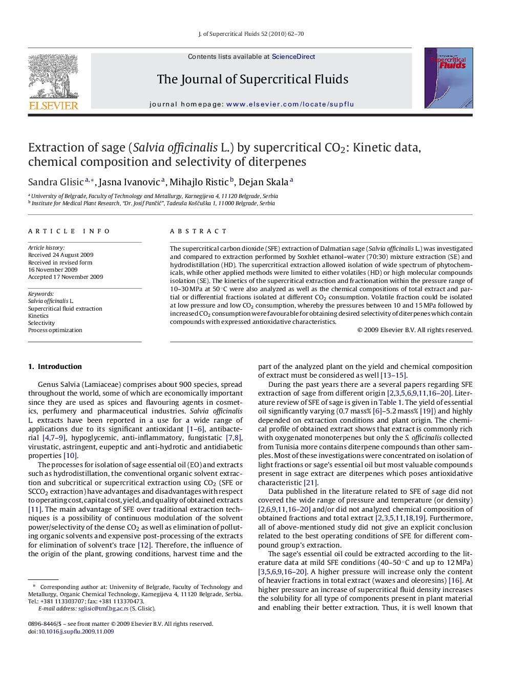 Extraction of sage (Salvia officinalis L.) by supercritical CO2: Kinetic data, chemical composition and selectivity of diterpenes