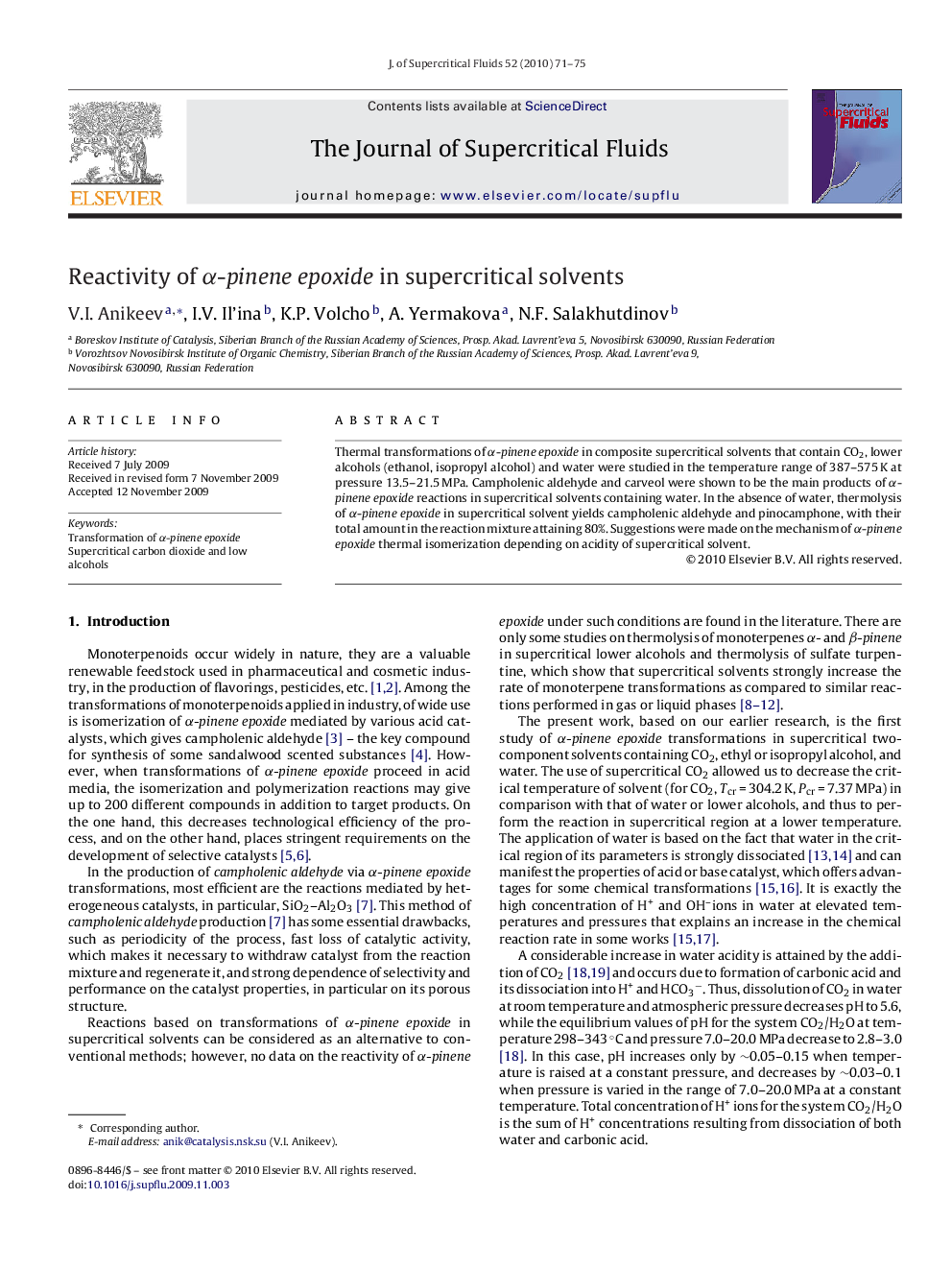 عکس صفحه اول مقاله: Reactivity of α-pinene epoxide in supercritical solvents Reactivity of α-pinene epoxide in supercritical solvents