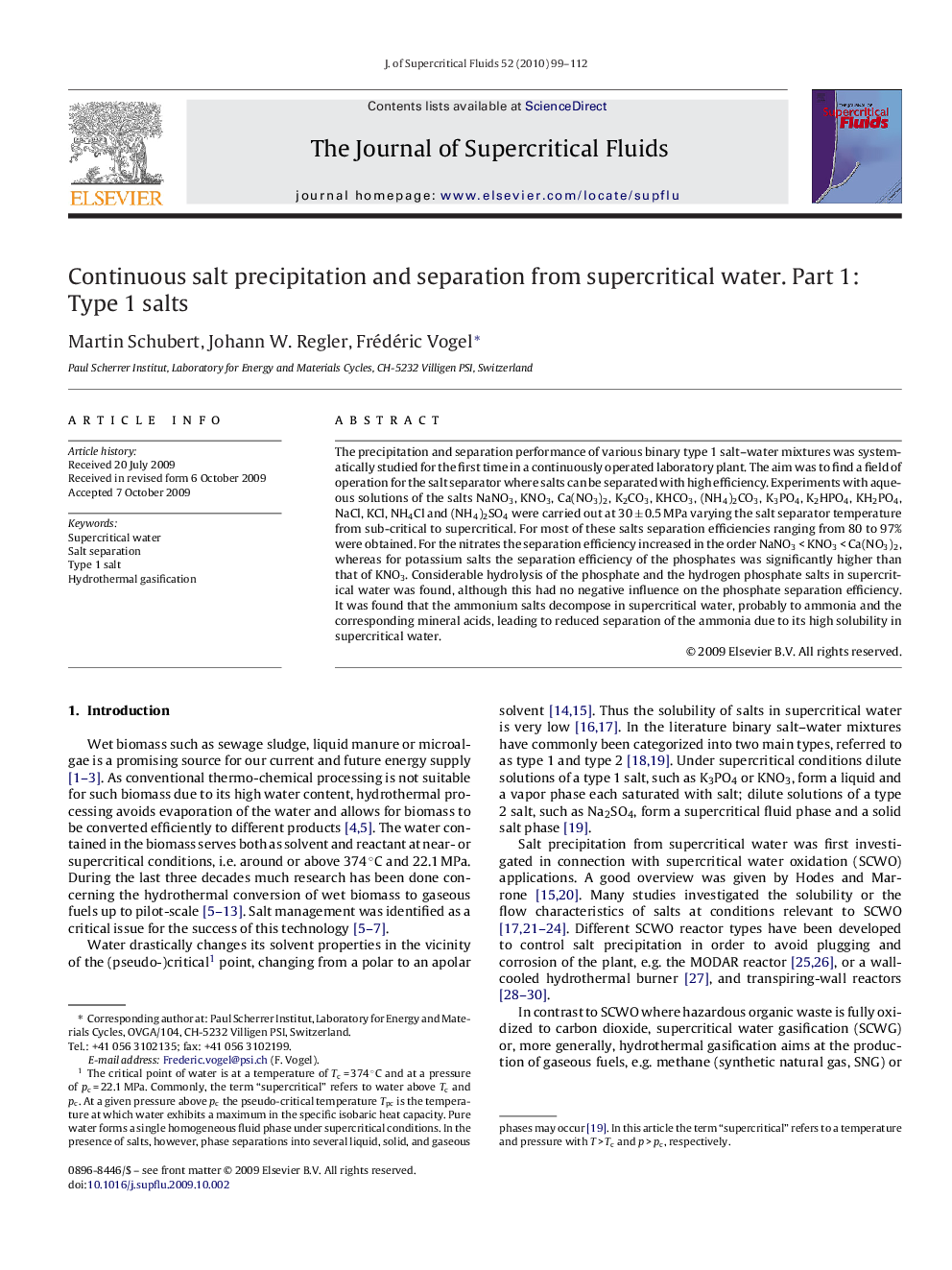 Continuous salt precipitation and separation from supercritical water. Part 1: Type 1 salts