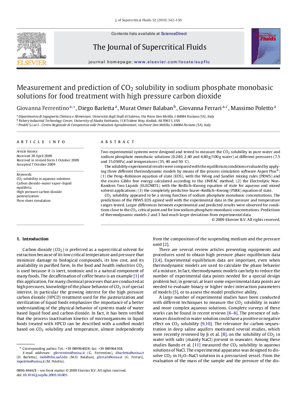 عکس صفحه اول مقاله: Measurement and prediction of CO2 solubility in sodium phosphate monobasic solutions for food treatment with high pressure carbon dioxide Measurement and prediction of CO2 solubility in sodium phosphate monobasic solutions for food treatment with high pressure carbon dioxide