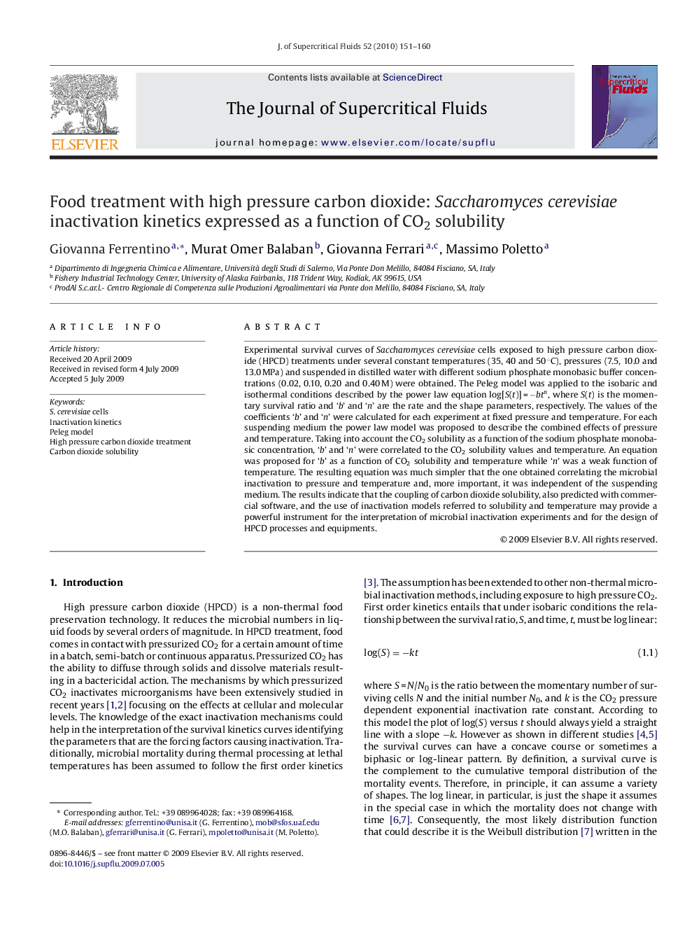 Food treatment with high pressure carbon dioxide: Saccharomyces cerevisiae inactivation kinetics expressed as a function of CO2 solubility