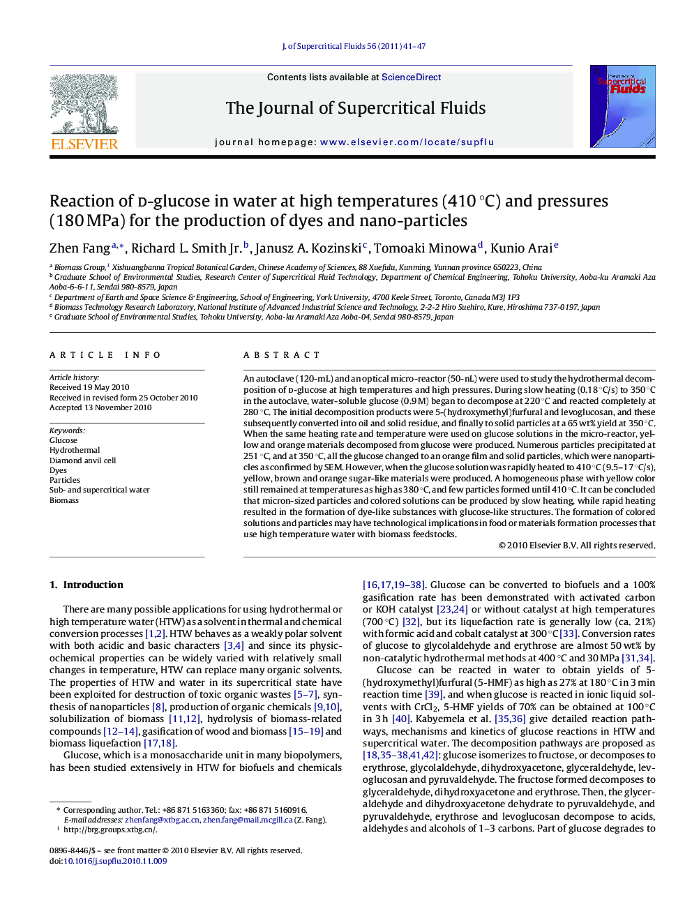 Reaction of d-glucose in water at high temperatures (410 °C) and pressures (180 MPa) for the production of dyes and nano-particles