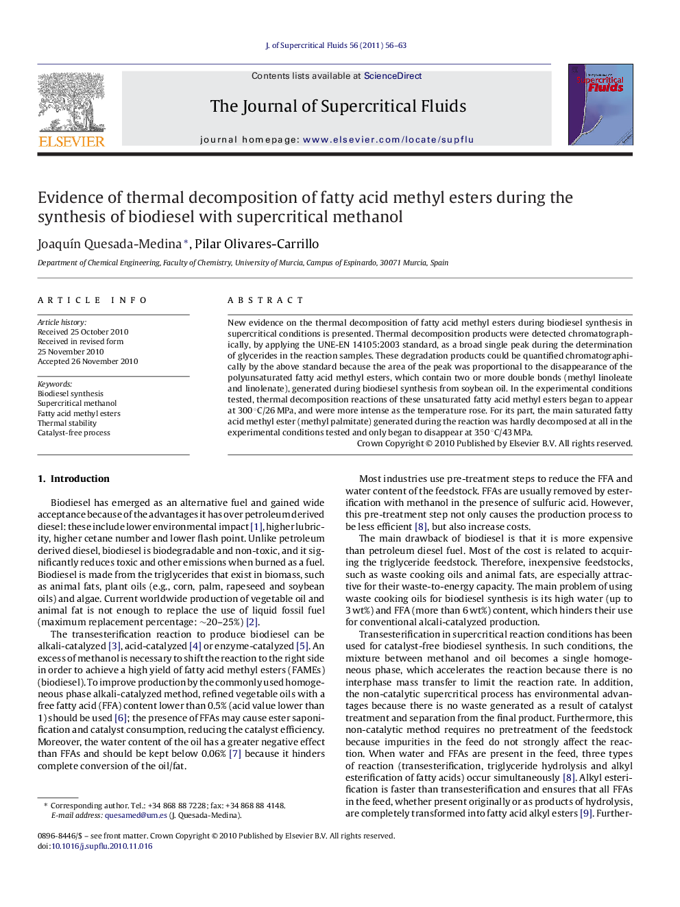 Evidence of thermal decomposition of fatty acid methyl esters during the synthesis of biodiesel with supercritical methanol