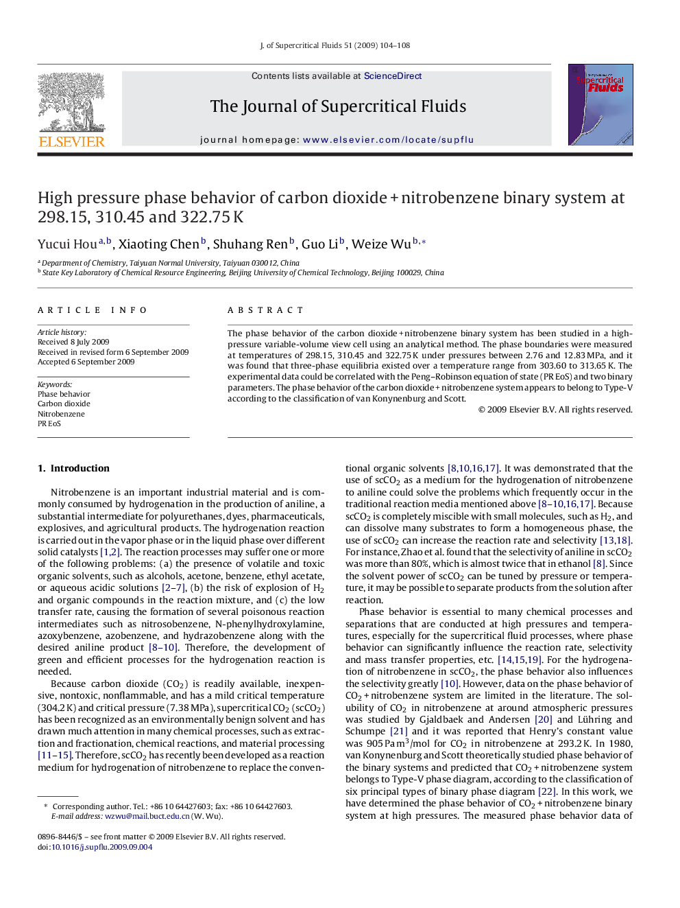 High pressure phase behavior of carbon dioxide + nitrobenzene binary system at 298.15, 310.45 and 322.75 K