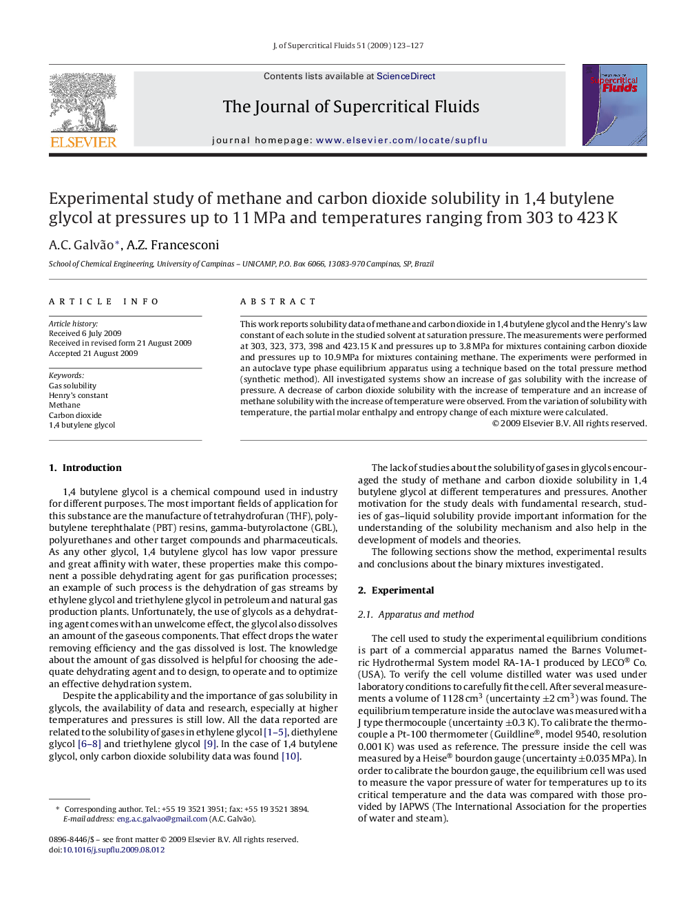 Experimental study of methane and carbon dioxide solubility in 1,4 butylene glycol at pressures up to 11 MPa and temperatures ranging from 303 to 423 K