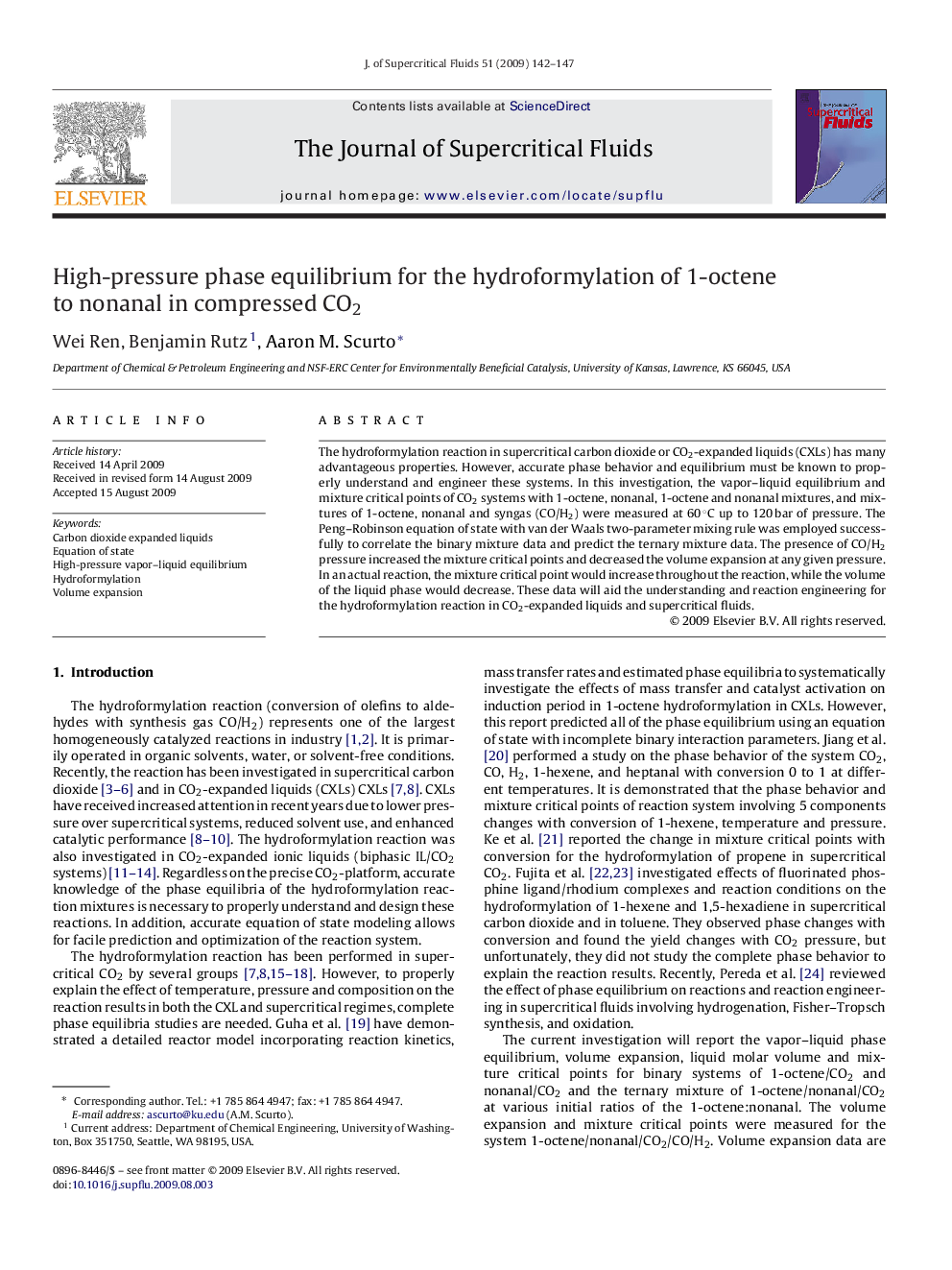 High-pressure phase equilibrium for the hydroformylation of 1-octene to nonanal in compressed CO2