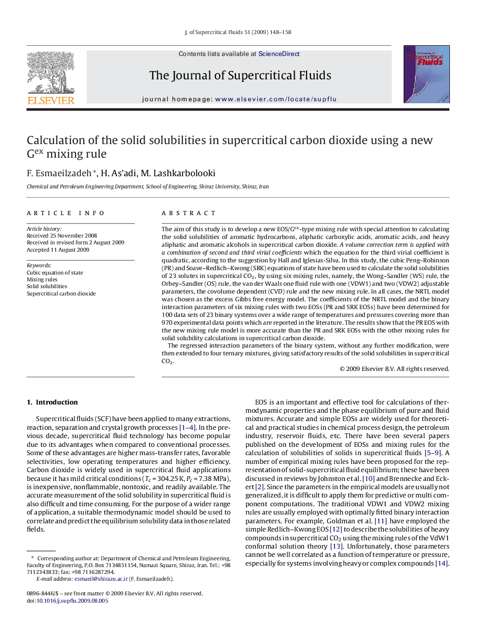 Calculation of the solid solubilities in supercritical carbon dioxide using a new Gex mixing rule