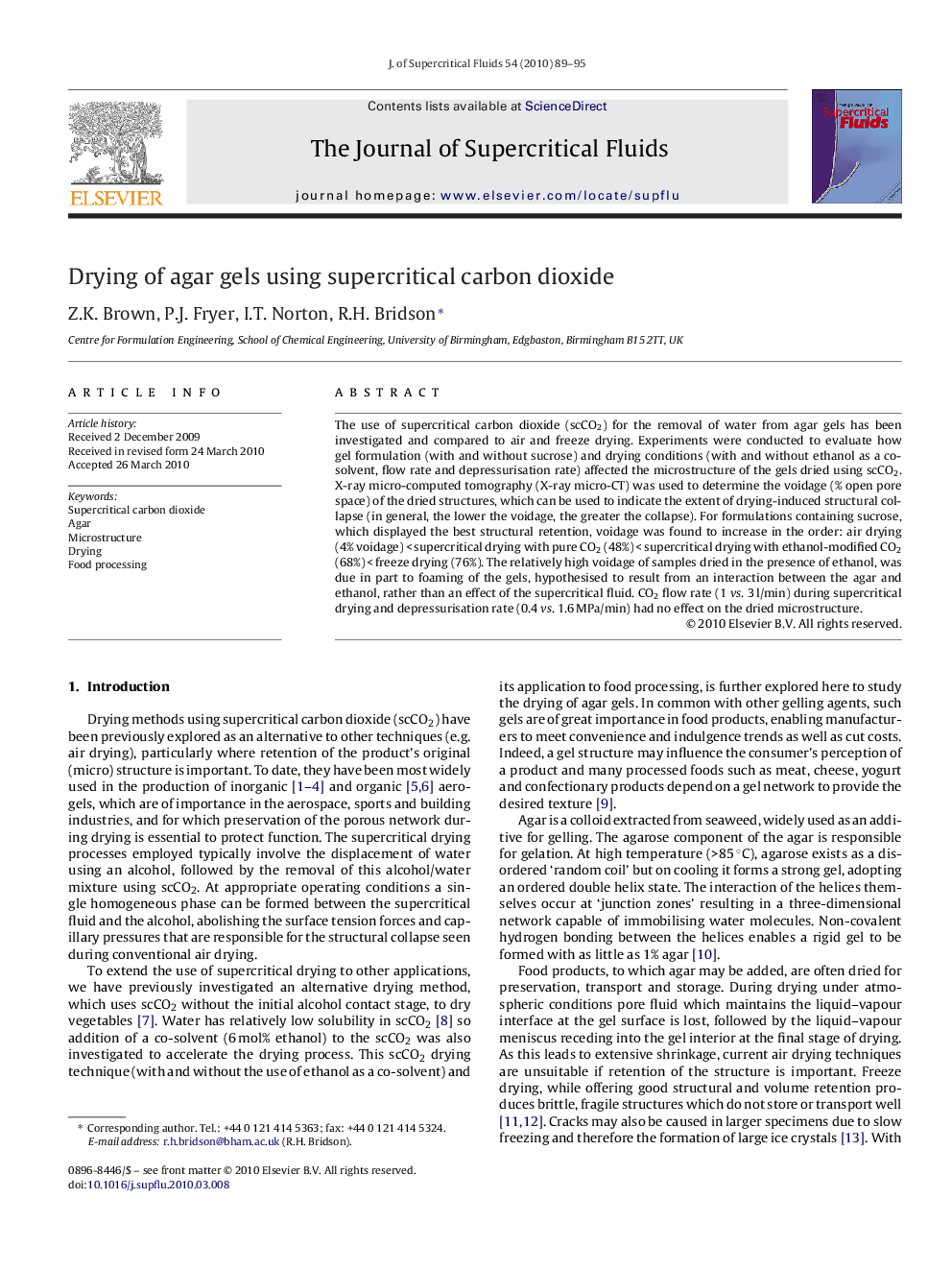 Drying of agar gels using supercritical carbon dioxide