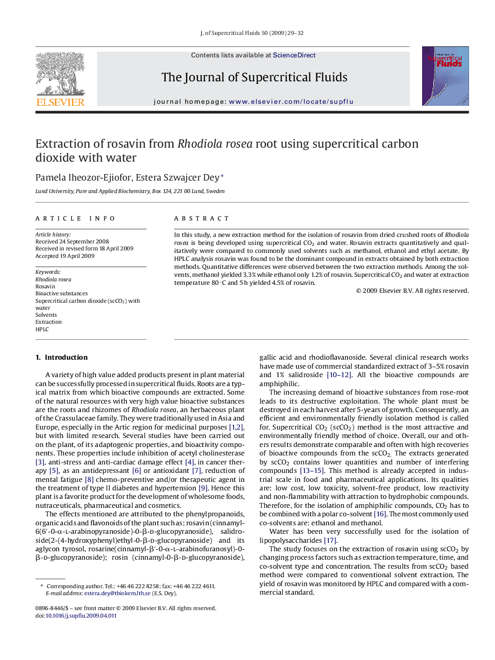 Extraction of rosavin from Rhodiola rosea root using supercritical carbon dioxide with water