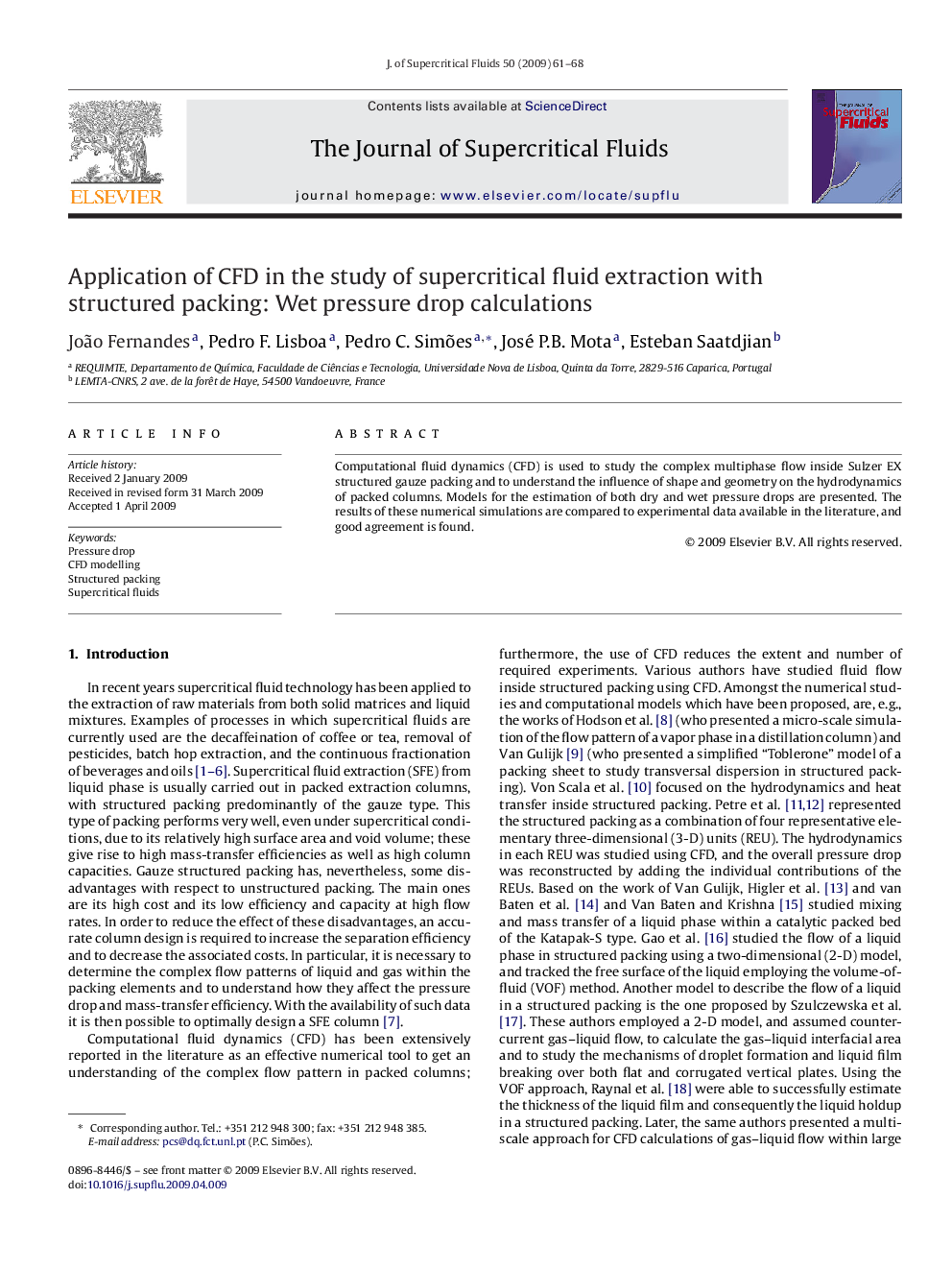 Application of CFD in the study of supercritical fluid extraction with structured packing: Wet pressure drop calculations