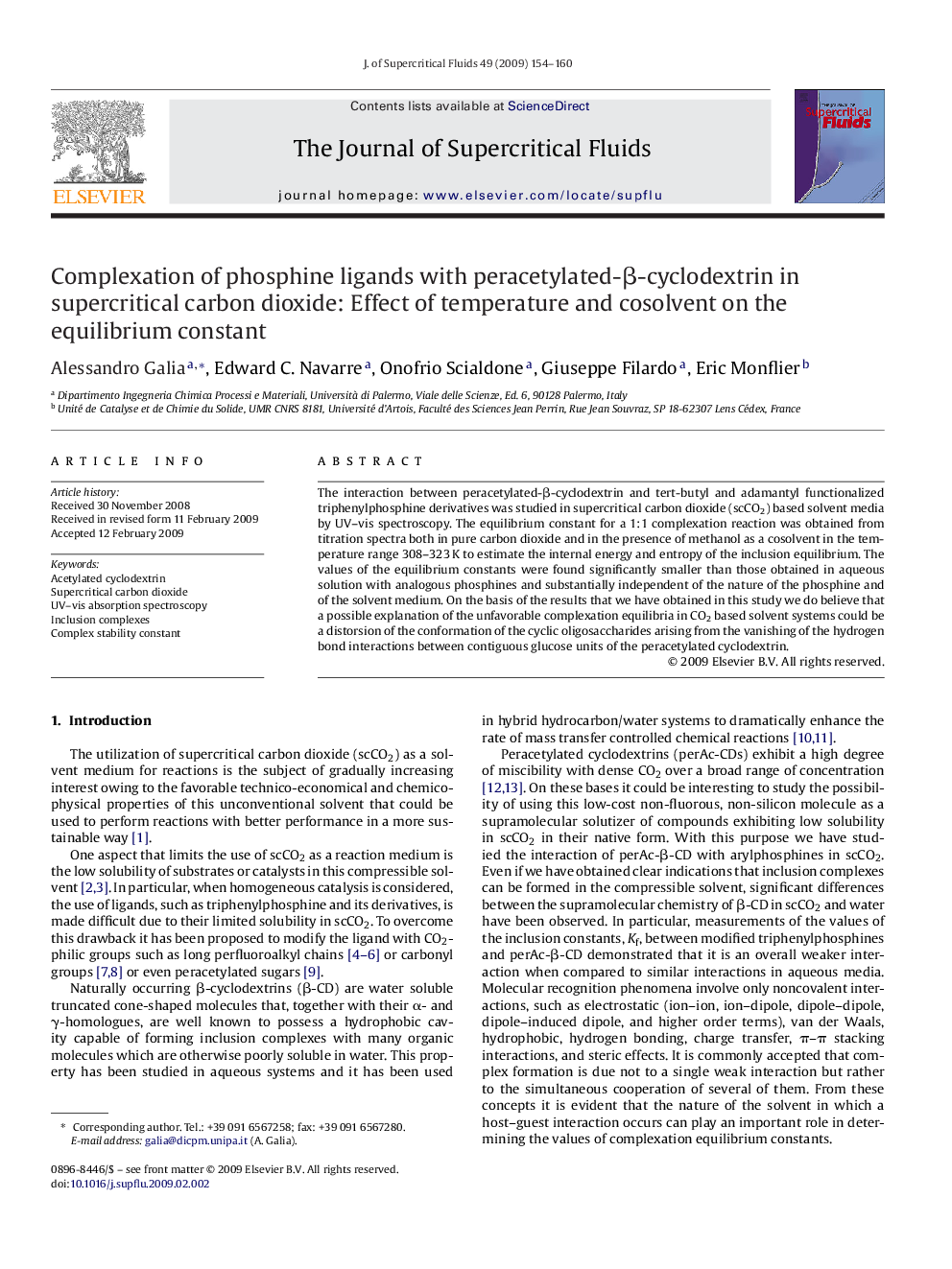 Complexation of phosphine ligands with peracetylated-β-cyclodextrin in supercritical carbon dioxide: Effect of temperature and cosolvent on the equilibrium constant