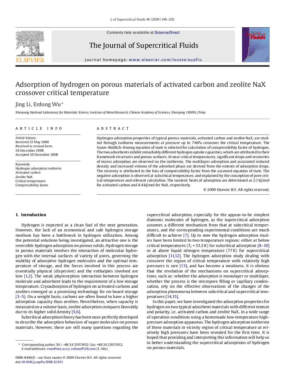 Adsorption of hydrogen on porous materials of activated carbon and zeolite NaX crossover critical temperature