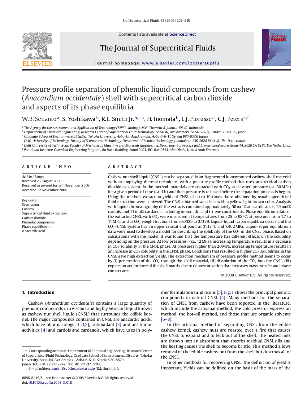 عکس صفحه اول مقاله: Pressure profile separation of phenolic liquid compounds from cashew (Anacardium occidentale) shell with supercritical carbon dioxide and aspects of its phase equilibria Pressure profile separation of phenolic liquid compounds from cashew (Anacardium occidentale) shell with supercritical carbon dioxide and aspects of its phase equilibria