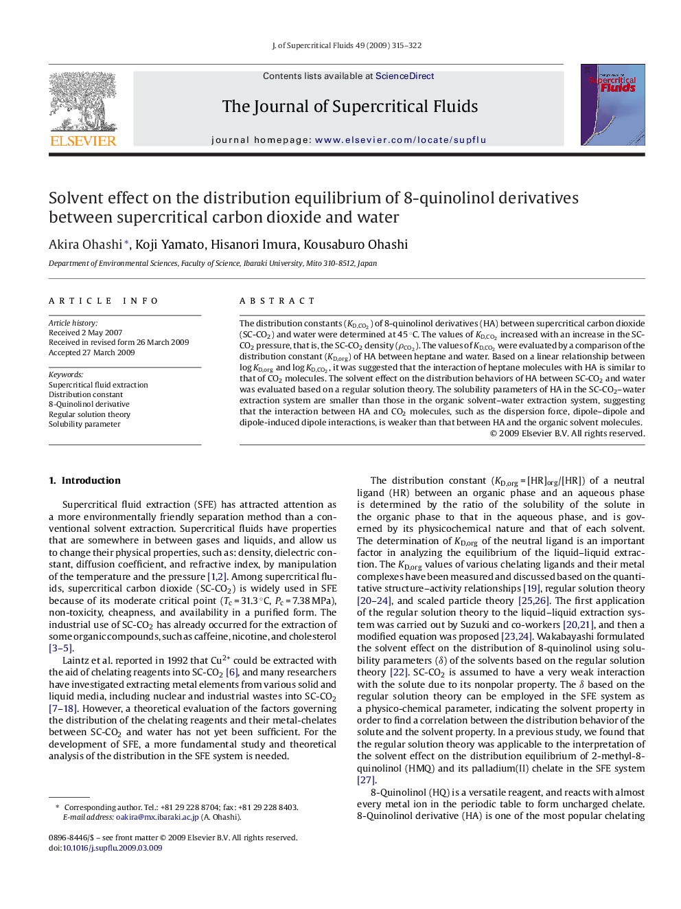 Solvent effect on the distribution equilibrium of 8-quinolinol derivatives between supercritical carbon dioxide and water